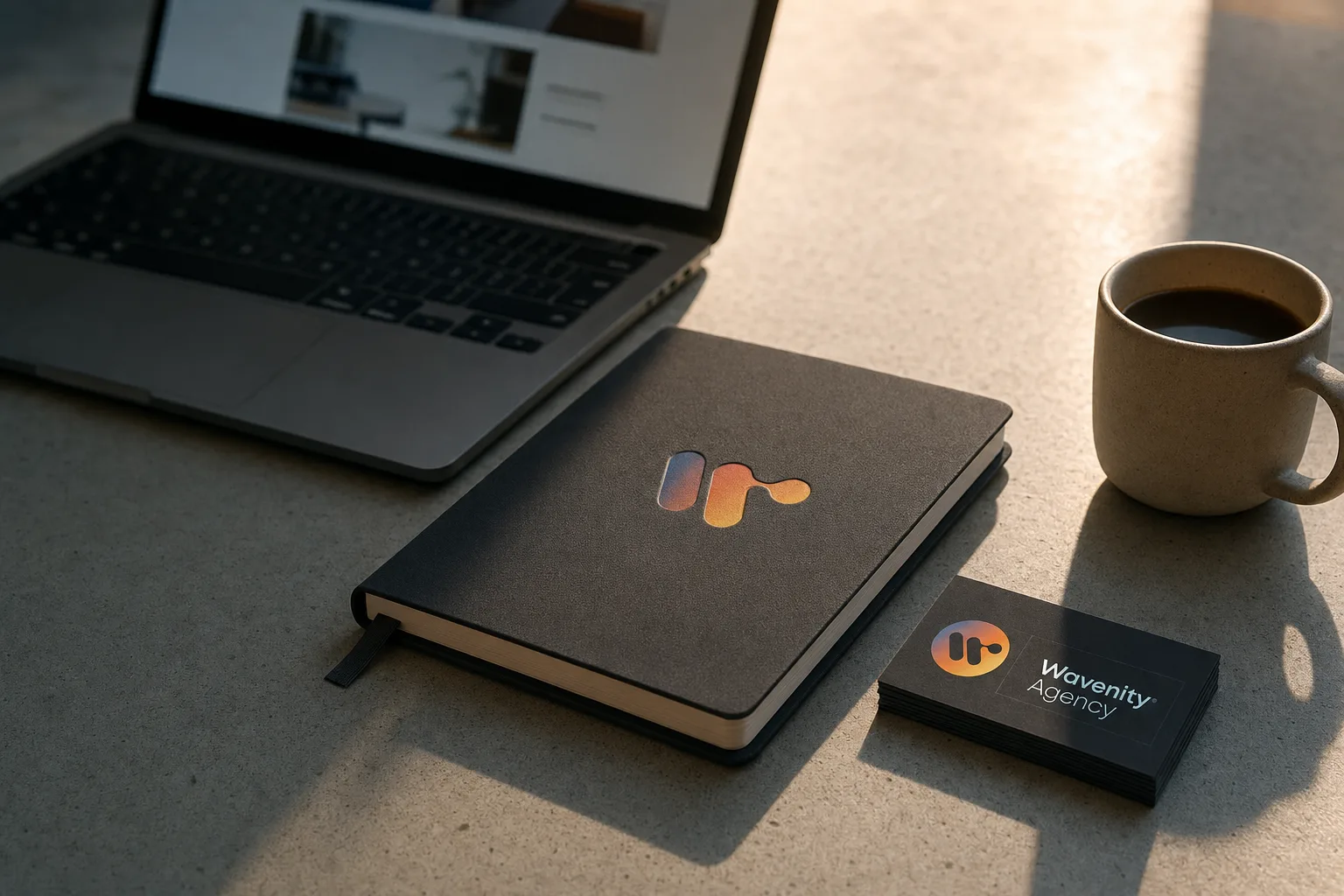 Birou Wavenity cu laptop, carnet și cărți de vizită