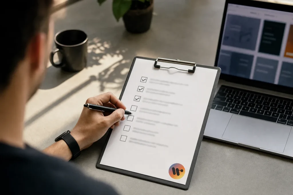 Listă de verificare pe clipboard, lângă un laptop