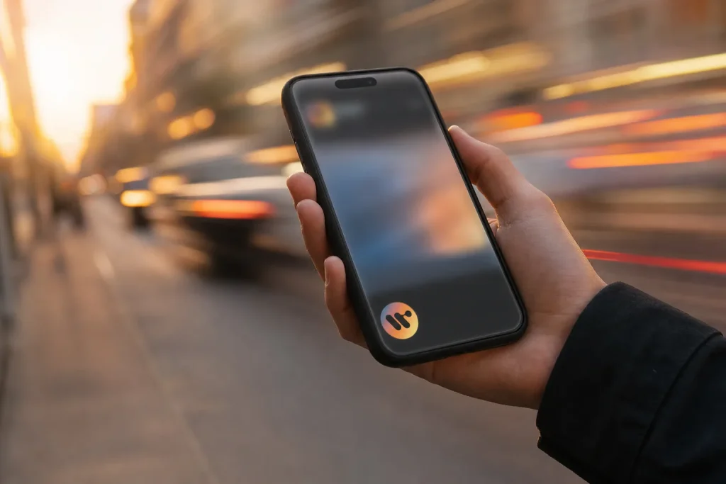 Telefon cu un site deschis, pe stradă la apus