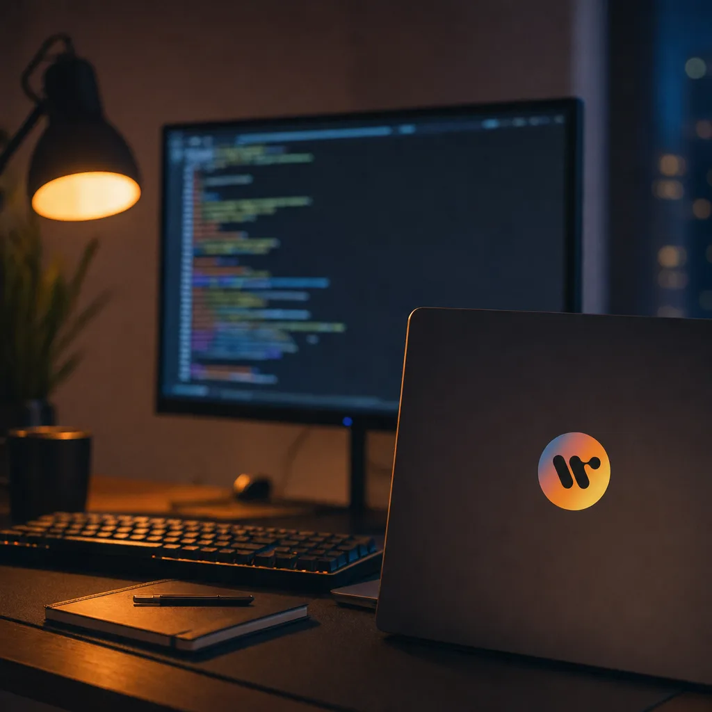 Birou de programator seara, cu cod pe monitor și laptop Wavenity
