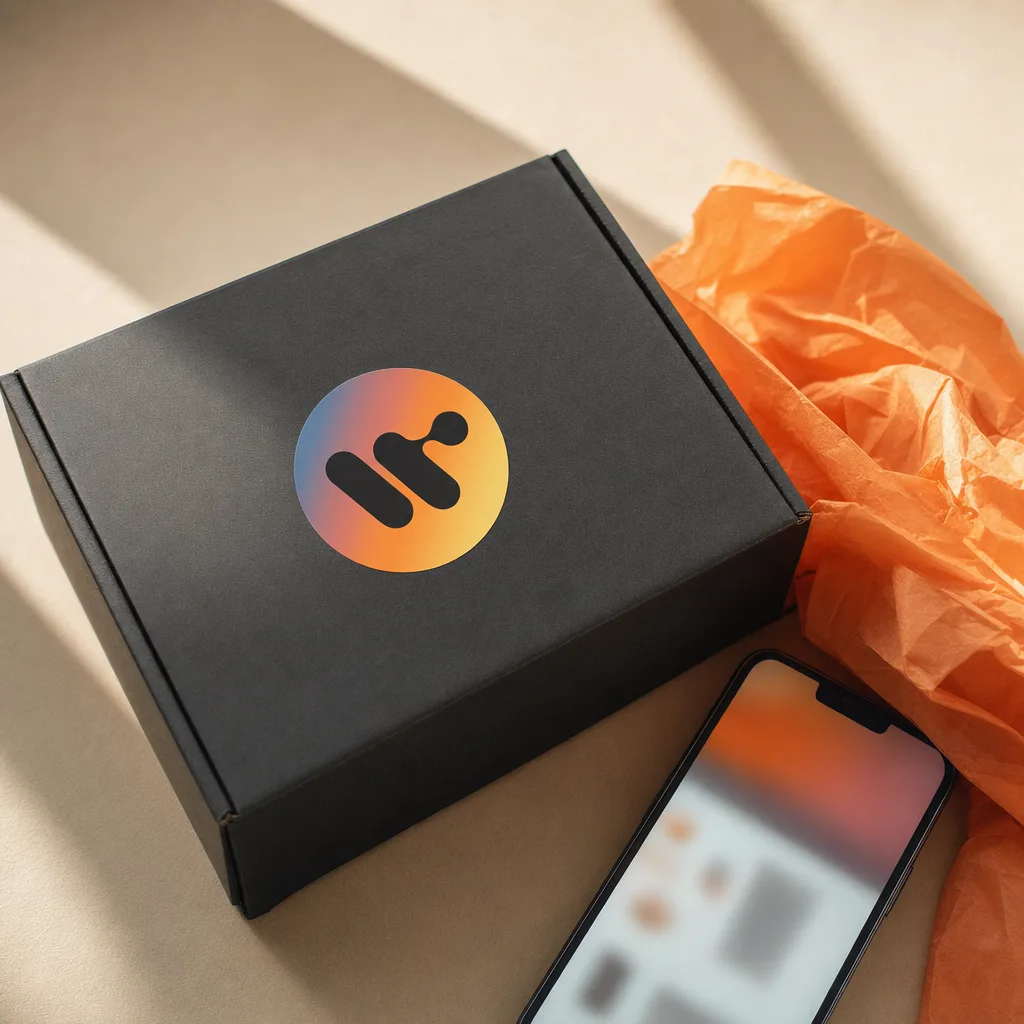 Cutie de livrare cu sticker Wavenity și telefon cu un magazin online