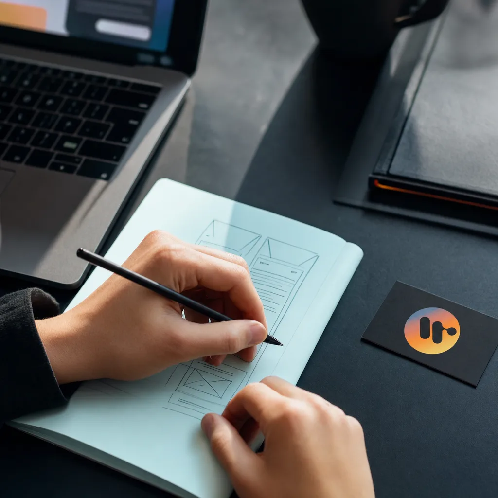 Schițe de wireframe într-un carnet, lângă un laptop și o carte de vizită Wavenity